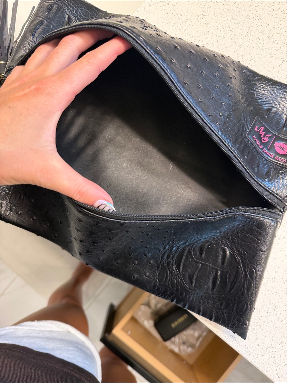 Black Faux-Ostrich Tassel Cosmetic Bag - Picture 2 of 3